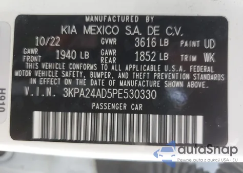 2023 Kia Rio Lx z USA, uszkodzony, nr VIN 3KPA24AD5PE530330